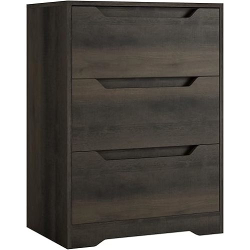 HOSTACK Modern 3 Drawer Dresser, Wood Chest of Drawers with Storage, Tall Nightstand with Cut-Out Handles, Side End Table, Accent Storage Cabinet for Living Room, Entryway, Dark Brown
