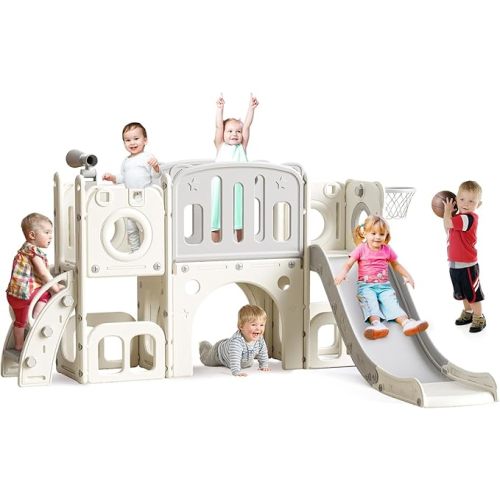 8 in 1 Toddler Slide Set, Kids Slide for Toddlers, Toddler Climber Slide PlaySet with Basketball Hoop,Outdoor Indoor Playground for Toddlers Upgraded Grey
