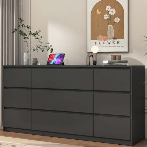 "ChVans 9-Drawer Black Dresser, 63"" - Charging Station, Modern Wood Furniture, Multifunctional Storage"