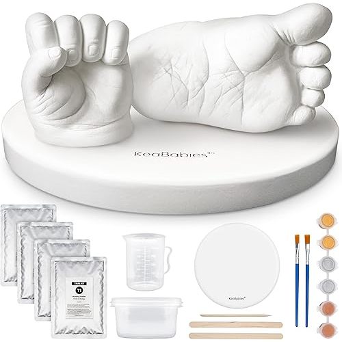 KeaBabies Baby Casting Kit Hand and Feet Mold Newborn (Round, Alpine White) | Newborn Hand Casting Kit & Stylish Wood Base, Easy DIY Infant Foot Molds 0-9 Months, First Christmas & Baby Keepsake Gifts