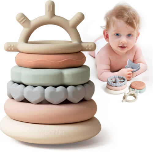 Moonkie Stacks of Circles Soft Teething Toy | Educational Learning Baby Toy | Stacking Ring Toys for Babies Boy and Girl | 7 Piece Teethers Set
