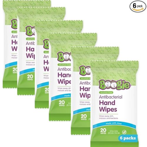 Antibacterial Hand Wipes by Boogie, Alcohol Free, Hypoallergenic and Moisturizing Aloe, Hand Wipes for Kids and Adults, 6 Packs of 20 (120 total wipes)