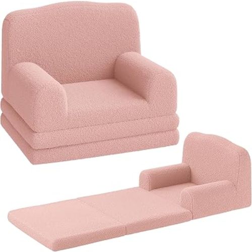 GarveeHome Kids Couch, 2-in-1 Comfy Toddler Couch Fold Out, Convertible Sofa to Lounger Foam Kids Chair with Soft Sherpa, Gift for Girls and Boys (Pink Crown)