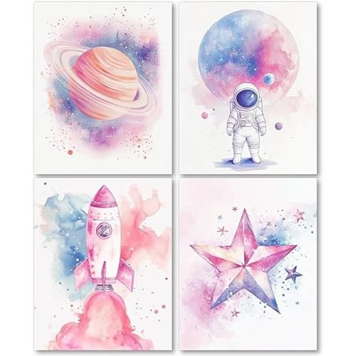laveliabel Space Nursery Decor, Pastel Outer Space Astronaut Planets Rocket Stars Wall Art Prints Set of 4 Unframed, Space Poster Wall Decor for Toddler Kids Girls Room Nursery Playroom, 8x10 Inches
