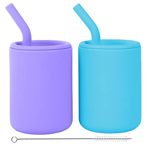 WeeSprout Silicone Baby Cups With Straws and Lids, 4 & 8 oz Options, Set of 2, Food Grade Toddler Training Container, Built In Straw Stoppers, Measurement Markings, Dishwasher Safe + Straw Cleaner