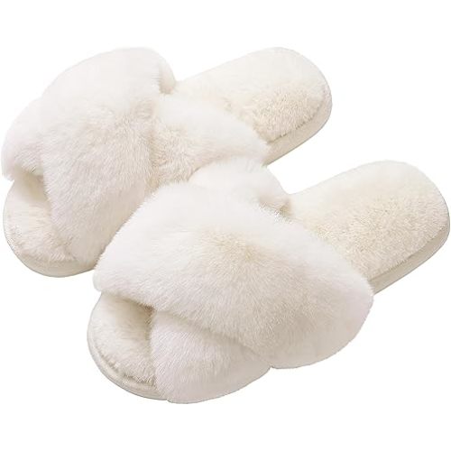 Evshine Women's Fuzzy Slippers Cross Band Memory Foam House Slippers Open Toe