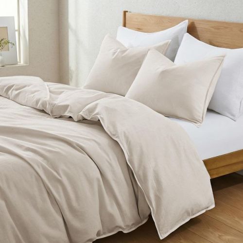 Peace Nest Classic Linen Cotton Bedding Set, Woven 55% Linen 45% Cotton Duvet Cover and Pillow Shams, Soft & Breathable, Beige, King