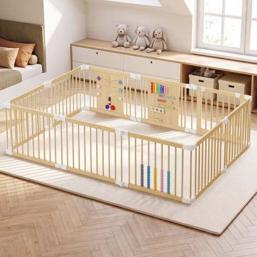 10-Panel Foldable Wooden Baby Playpen with Activity Panels