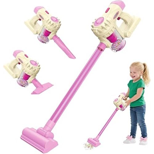 Toddler Vacuum Cleaner, 3 in 1 Kids Vacuum Toy with Weak Suction, Role Play Housekeeping STEM Educational Toy for Girl Boy 3 Year Old (Pink)
