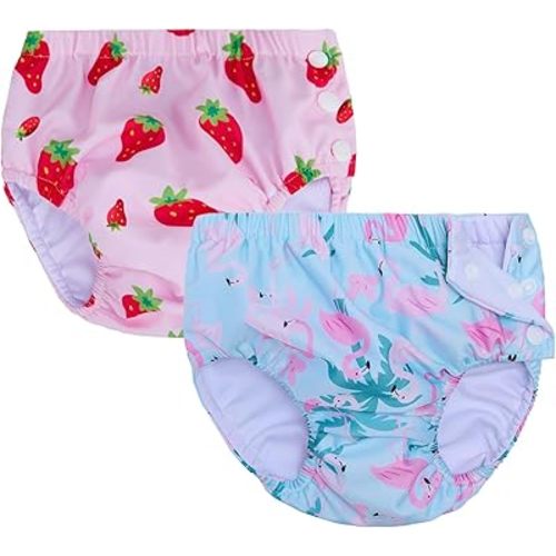 2 Pack Baby Newborn Reusable Swim Diapers Infant Unisex Washable Swim Diaper Toddler Swimming Diapers Pink Strawberry& Flamingo, 2-3T