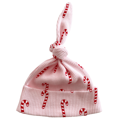 Organic Waffle Knot Beanie, Pink Candy Cane