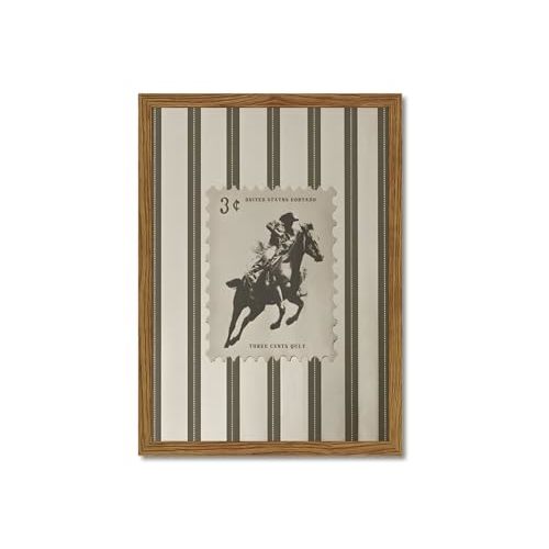 Vintage Western Wall Art, Striped Rodeo Wall Decor Southwest Cowboy Poster Canvas Prints, Retro Stamp Mid West Mid Century Artwork Aesthetic for Bedroom Living Room 12x16 inch Wood Framed