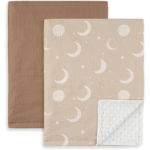 GLLQUEN BABY Blankets for Unisex Boys Girls, 2pack Muslin Cotton Front Soft and Breathable,and Dotted Fleece Backing, Printed Bed Nursery Minky Blankets for Toddler Newborn, 30 x40 inches