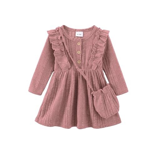 Kucnuzki Baby Toddler Girl Dress Long Sleeve Ruffle Dress Fall Winter Casual Knit Sweater Dresses Cute Kids Clothes