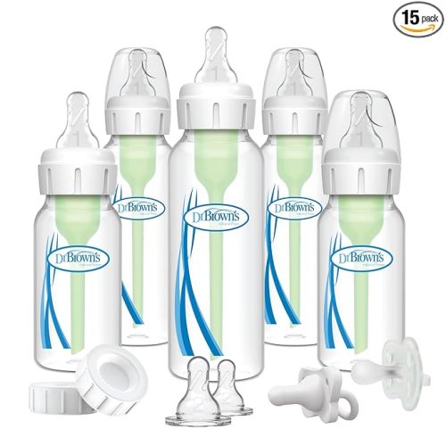 Dr. Brown's Natural Flow Anti-Colic Options+ Narrow Baby Bottle Gift Set with Advantage Pacifier & Bottle Travel Caps, 0m+ (Packaging/Pacifier May Vary)