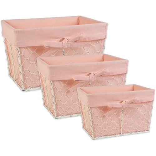 DII Farmhouse Chicken Wire Storage Baskets with Liner, Set of 3, Antique Blush, Assorted Sizes