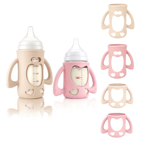 4-Pack Silicone Sleeves for Pigeon Glass Nursing Bottle, BPA-Free Drop-Resistant Baby Bottle Sleeves with Handles, Compatible with Pigeon Anti-Colic Wide Neck Glass Baby Bottles (5.4 & 8.1 oz)
