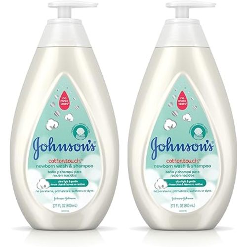 Johnson's CottonTouch Newborn Baby Wash & Shampoo with No More Tears, Hypoallergenic and Paraben-Free Moisturization for Sensitive Skin, Made with Real Cotton, Twin-Pack, 2 x 27.1 fl. oz