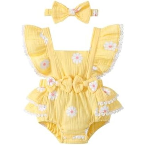 Baby Girl Summer Clothes Ruffle Sleeve Cotton Linen Romper Dress Infant Girls Lace Trim Jumpsuit with Headband
