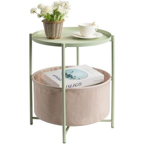danpinera Round Side Table with Fabric Storage Basket, Metal Side Table Small Bedside Nightstand with Removable Tray Top for Living Room, Bedroom, Nursery, Laundry, Light Green
