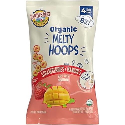 Earth's Best Organic Melty Hoops, Bite-Sized Snacks for Babies 8 Months and Up, Strawberry and Mango, 0.32 Ounce Individual Bags (Pack of 4)