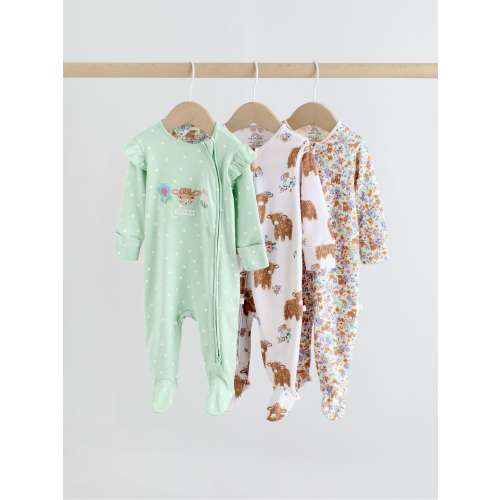 Sage Green Two Way Zip Sleepsuits 3 Pack (0-2yrs)