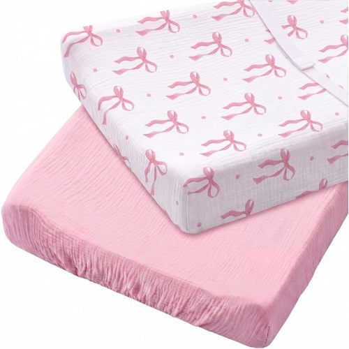2 Pcs Pink Bow Changing Pad Cover for Girl 32 x 16 inch Muslin Baby Change Table Pad Covers Fitted Coquette Ultra Soft Breathable Supplies for Girl Boy