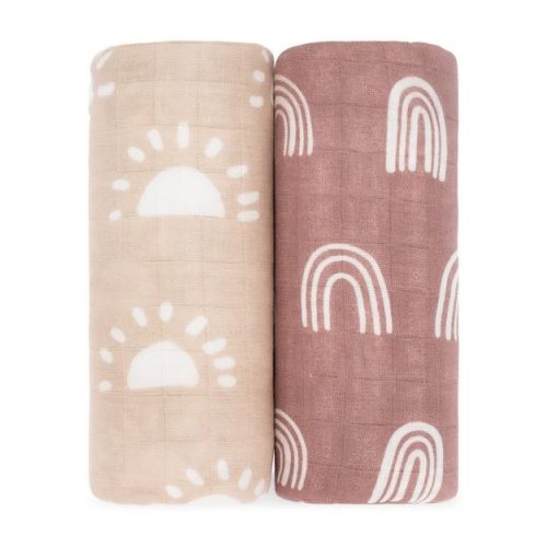 Comfy Cubs Muslin Swaddle Blankets Pack of 2, Soft 47" x 47" Cotton Baby Blanket, Large Multipurpose Wraps - Sun & Rainbow