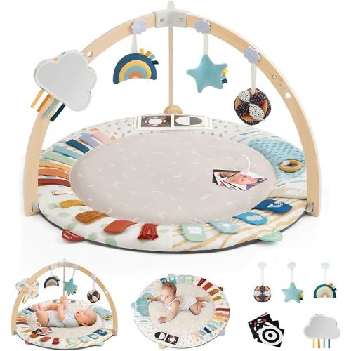 Blissful Diary Baby Play Gym & Activity Mat, 5 Developmental Zones Wooden Tummy Time Mat with 6 Detachable Sensory Toys for Motor Skills & Sensory Development, Baby Essentials Shower Gift