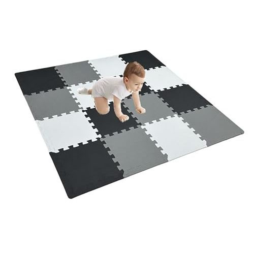 16 Pieces Foam Play Mat with Border, Interlocking Playmat Tiles, Foam Floor Mat Tiles, Puzzle Play Mats, Exercise Gym Mats – Color of Black & Grey & White