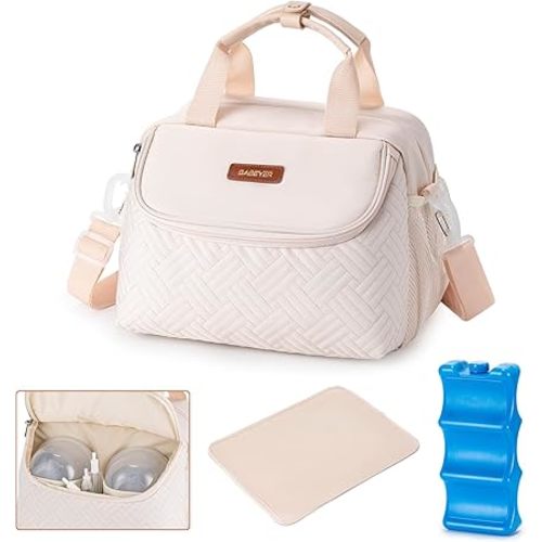 Breastmilk Cooler Bag with Ice Pack Fits 6 Baby Bottles up to 9 Ounce, Wearable Breast Pumps Cooler Bag for Nursing Mom Daycare, Work, Travel- White