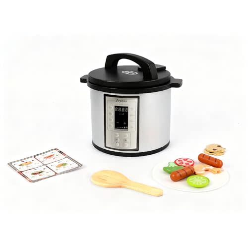 15-PCs Wooden Air Fryer/18-PCs Pressure Cooker Playset for Kids Pretend Cooking Toy with Food Accessories Utensils Montessori Kitchen Role Play (Pressure Cooker)