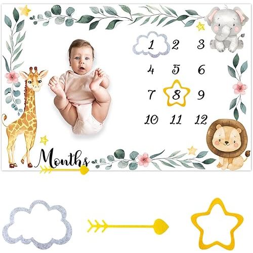 CSFOTO Jungle Animals Baby Monthly Milestone Blanket Flowers Plants Wildlife Print Photography Props for Newborn Baby Shower Neutral Growth Record Prop, 60"x40" with Frames