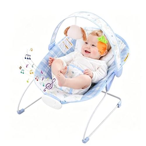 Baby Bouncer Seat, Portable Baby Bouncer 0-6 Months Up to 20 lbs | 8 Melodies Music & 3 Gentle Vibrations, Removable Sensory Toy , Indoor & Outdoor Use, 3-Point Harness, Machine Washable