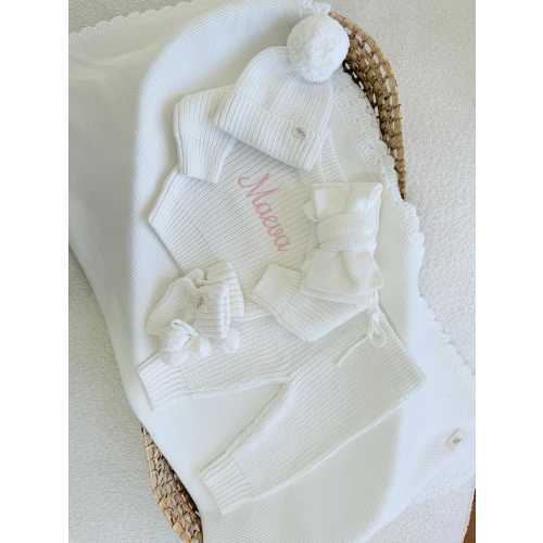 Embroidered White Knit Jumper and Trouser Set