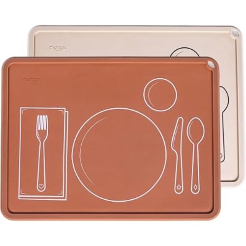 CHAMOS Montessori Placemat for Toddlers - Kids Silicone Mats for Dining Table - Set of 2 - Table Setting Learning (Clay and Beige)