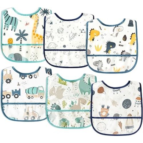 6Pcs Baby Bibs for Feeding Toddler Eating Bibs with Crumb Catcher Pocket Waterproof Sleeveless Teething Plastic Food Bib Set Adjustable Infant Keepsake Gift for Boys Baby Shower, 6-24 Months