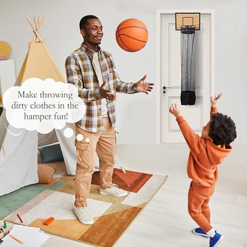 Over the Door Basketball Hoop Laundry Basket ,Wooden Basketball Laundry Hamper with Zipper for Kids Room,Dorm Rooms,Bathroom,Saving Space Storage and Organization