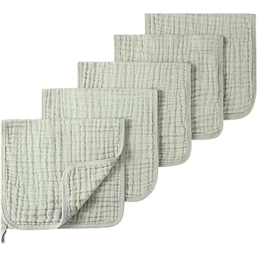Muslin Burp Cloths 5 Pack Large 20x12 inches Baby Burping Cloths, 6-Layer 100% Cotton for Newborn Boys Girls, Ultra Soft & Absorbent（Green）