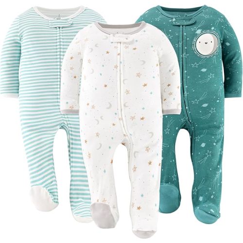 The Peanutshell Baby Sleepers for Boys or Girls Set of 3 - Soft Cotton Unisex Footed Pajamas for Newborns - Celestial