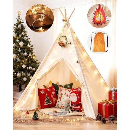 Tiny Land Teepee Tent for Kids with Star Lights, Foldable Play Tent for Girls & Boys, Washable Indoor Toddler Tent, Cozy Warm Reading Nook & Room Decor