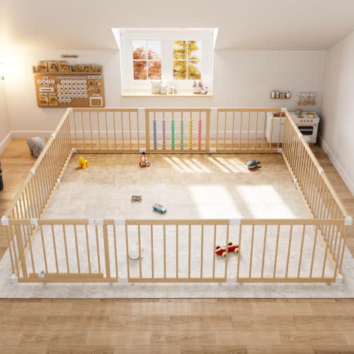 Wooden Baby Playpen, 12 Panels Fence for Babies and Toddlers 83”×83” | Size Adjustable Baby Play Yard with Locking Gate, Indoor Play Pen for Kids Activity Center