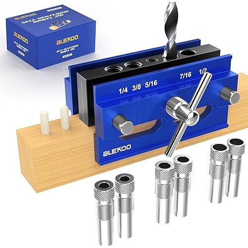 Self Centering Doweling Jig Kit, Drill Jig For Straight Holes Biscuit Joiner Set With 6 Drill Guide Bushings, Adjustable Width Drilling Guide Power Tool Accessory Jigs (Blue)