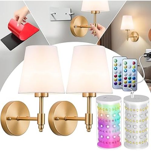 Peel and Stick Wall Sconces, Stick On Wall Sconce Set of 2, Battery Operated Wireless Wall Light, No Drill Adhesive Wall Lamp, Corn Bulb with 10000mAh Rechargeable Battery, Bedroom Wall Decor