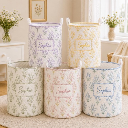 Personalized Floral Laundry Basket, Custom Name Quilted Storage Bin, Pastel Flower Nursery Hamper, Clothes Basket