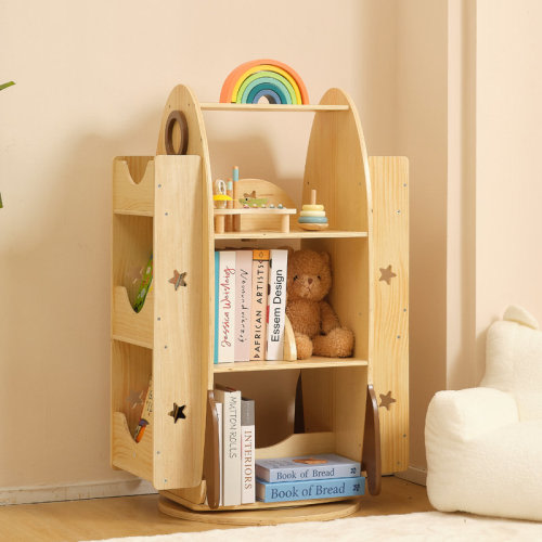 Gracie Oaks Wood Rocket Rotating Bookshelf For Kids, 360 Display Spinning Bookshelf Tower With Large Capacity Design, Montessori Toy Shelf For Kids Rooms, Classroom, Play Room | Wayfair