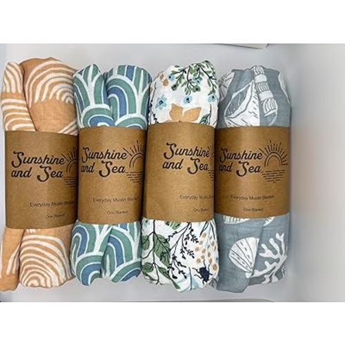 Sunshine & Sea Newborn Nursery Muslin Swaddle Blanket (4 Pack Variety)
