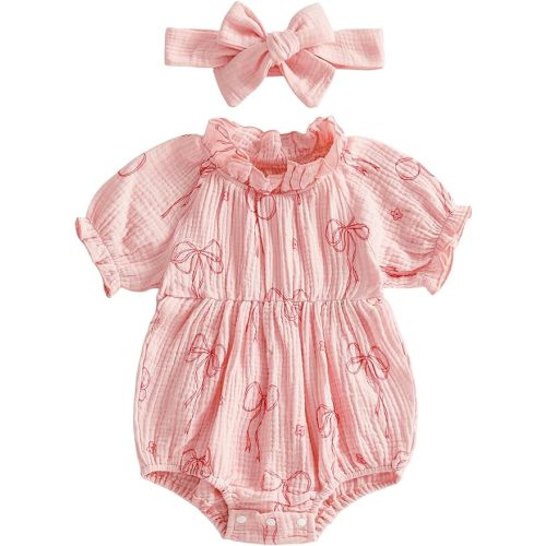 Newborn Baby Girl Cotton Linen Bubble Romper Summer Clothes Vintage Ruffle Short Sleeve Onesie Bodysuits Outfit