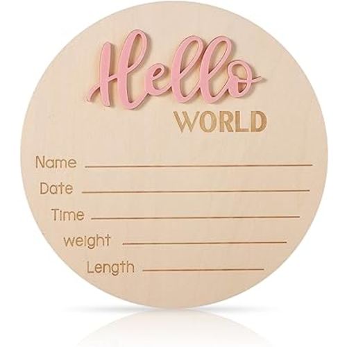 Newborn Announcement Sign, 5.9in Wooden Hello World Sign Baby Welcome Sign Birth Baby Name Plaques for Newborn Boys and Girls Photo Props Baby Shower Hospital Nursery (Light Pink)