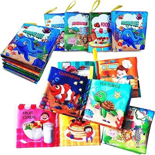 Soft Cloth Baby Book Toy Pack of 4, Touch & Feel, Crinkle Book, Early Educational Toy for 0-6 Months, Animal, Marine Life, Food, Profession Themes